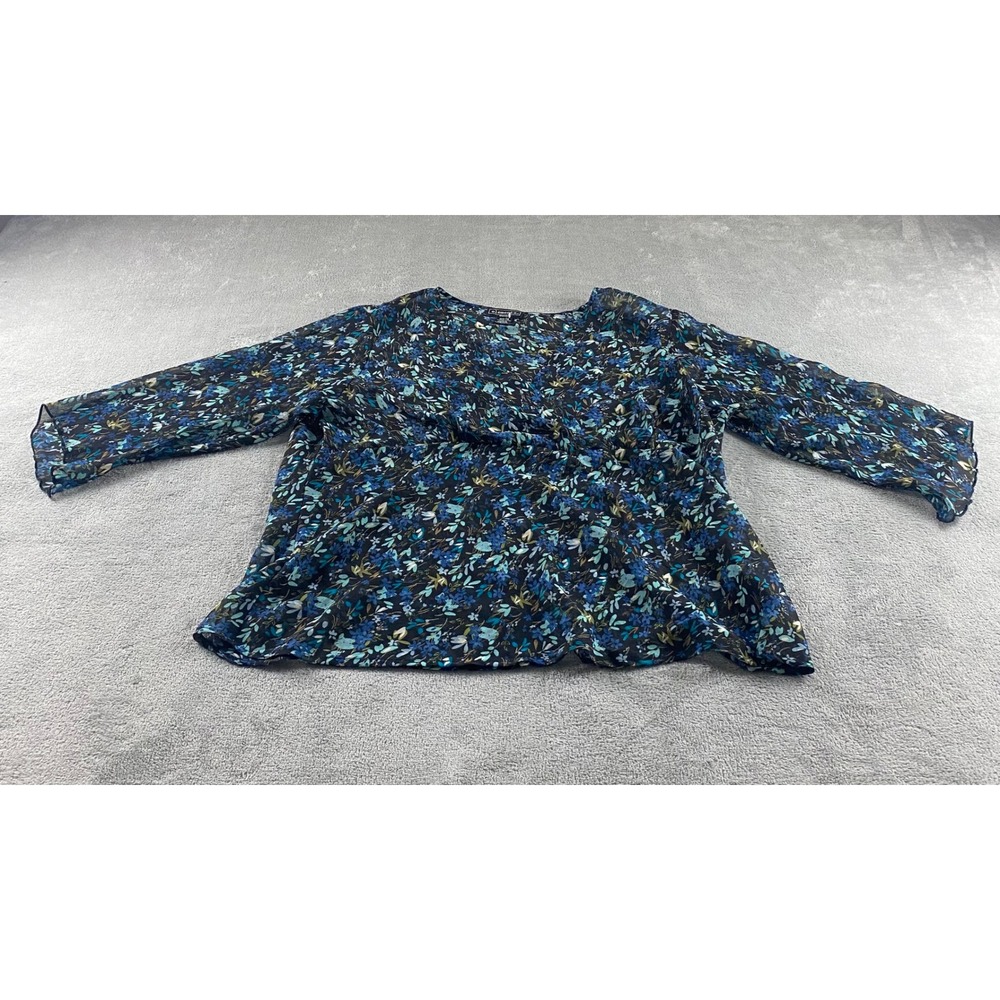 Elementz Woman 2X Blue Floral Faux Wrap V-Neck 3/4 Bell Sleeve Chiffon Blouse